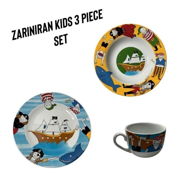 ZarinIran Rare Kids Childrens Breakfast Set Pirate Themed 3 Pieces EUC - Picture 1 of 12